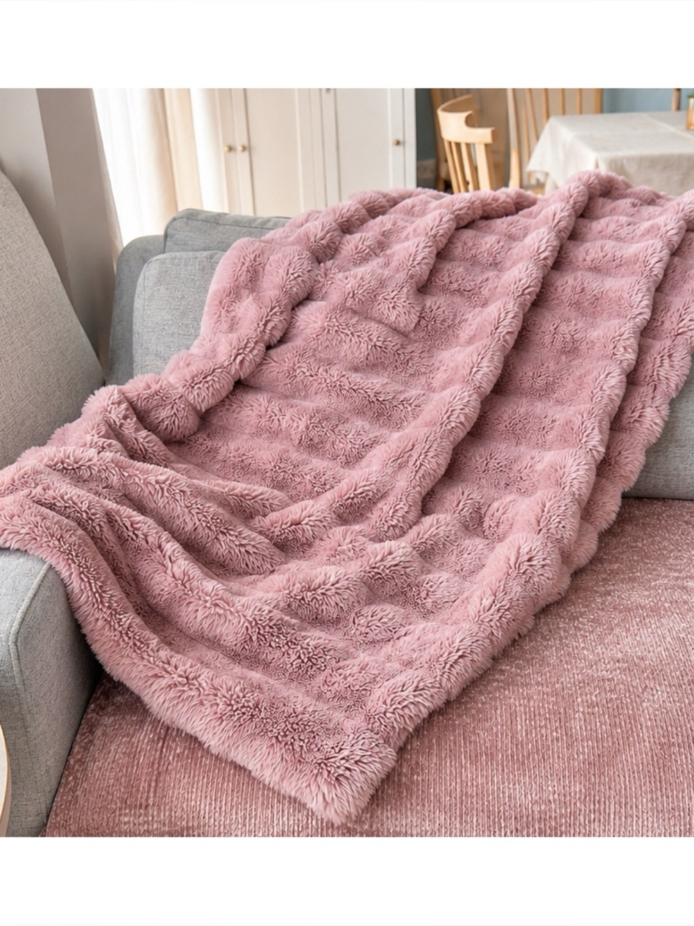 Indigo Channeled Faux Fur Throw Blanket - Dusty Rose